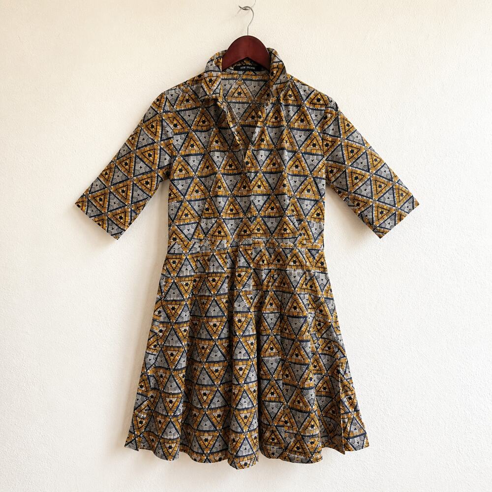 Sofie D’Hoore Geometric Cotton Shirt Dress Mustard Gray Pleated Midi Size S